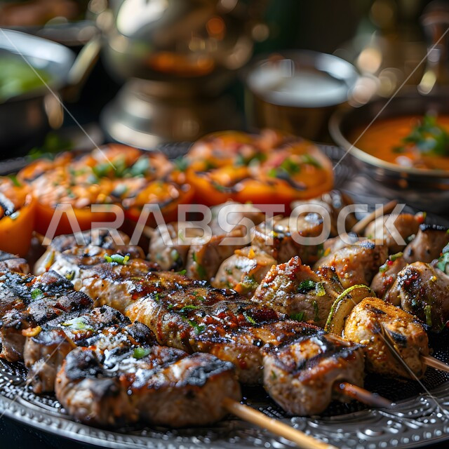 أجواء شهر رمضان المبارك، العزائم والولائم في الأعياد والمناسبات الإسلامية، المقبلات والأطباق والأصناف العربية الشرقية اللذيذة، مائدة طعام مليئة بالوجبات المتنوعة الرمضانية، سفرة من المأكولات الشعبية التقليدية الشهية