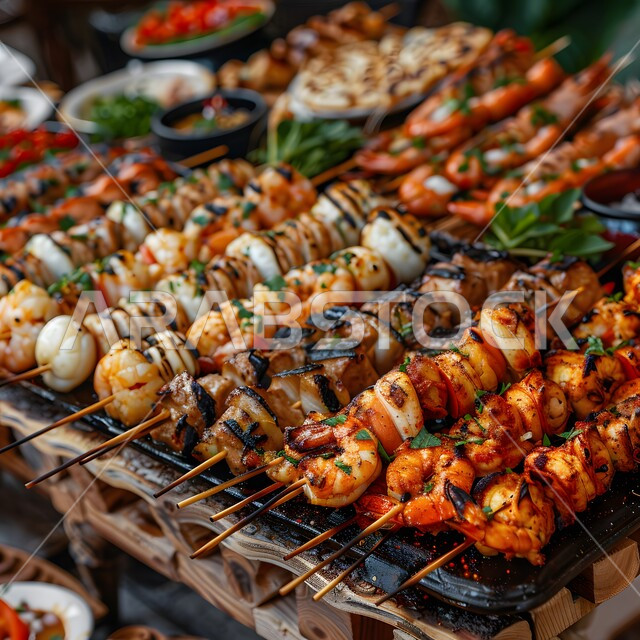 أجواء شهر رمضان المبارك، العزائم والولائم في الأعياد والمناسبات الإسلامية، المقبلات والأطباق والأصناف العربية الشرقية اللذيذة، مائدة طعام مليئة بالوجبات المتنوعة الرمضانية، سفرة من المأكولات الشعبية التقليدية الشهية