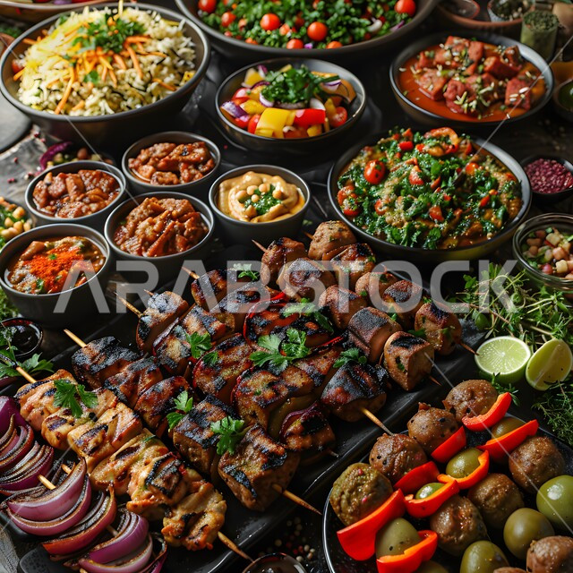 أجواء شهر رمضان المبارك، العزائم والولائم في الأعياد والمناسبات الإسلامية، المقبلات والأطباق والأصناف العربية الشرقية اللذيذة، مائدة طعام مليئة بالوجبات المتنوعة الرمضانية، سفرة من المأكولات الشعبية التقليدية الشهية