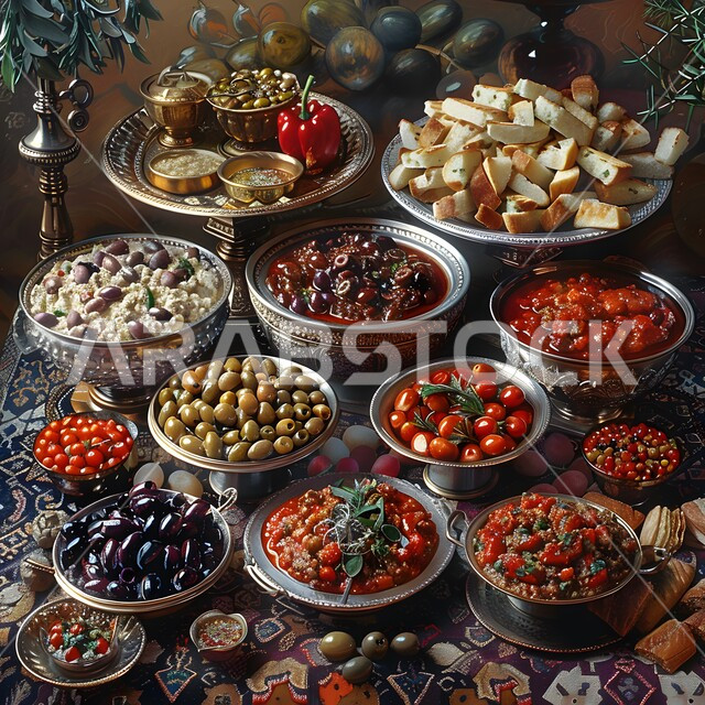 أجواء شهر رمضان المبارك، العزائم والولائم في الأعياد والمناسبات الإسلامية، المقبلات والأطباق والأصناف العربية الشرقية اللذيذة، مائدة طعام مليئة بالوجبات المتنوعة الرمضانية، سفرة من المأكولات الشعبية التقليدية الشهية