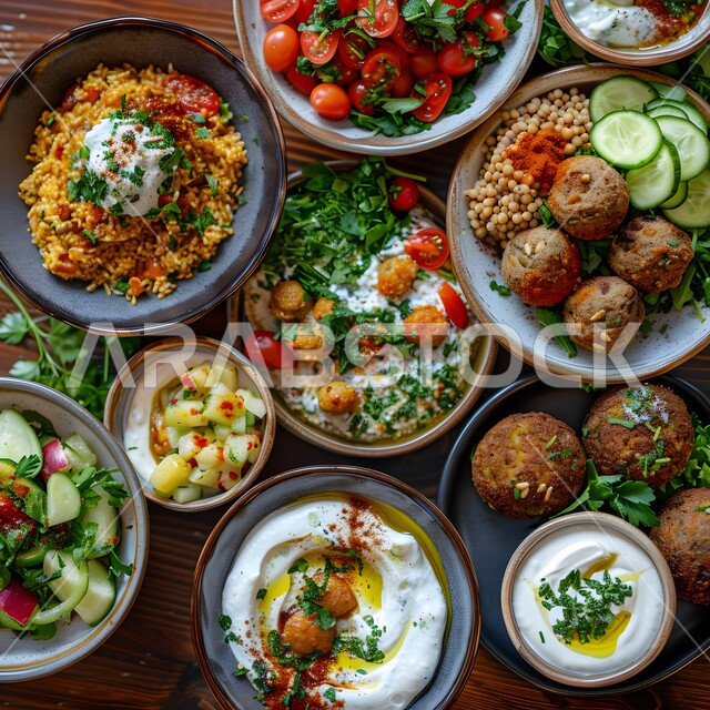أجواء شهر رمضان المبارك، العزائم والولائم في الأعياد والمناسبات الإسلامية، المقبلات والأطباق والأصناف العربية الشرقية اللذيذة، مائدة طعام مليئة بالوجبات المتنوعة الرمضانية، سفرة من المأكولات الشعبية التقليدية الشهية