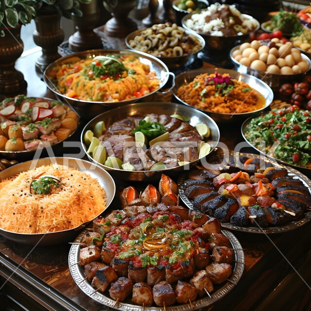 أجواء شهر رمضان المبارك، العزائم والولائم في الأعياد والمناسبات الإسلامية، المقبلات والأطباق والأصناف العربية الشرقية اللذيذة، مائدة طعام مليئة بالوجبات المتنوعة الرمضانية، سفرة من المأكولات الشعبية التقليدية الشهية