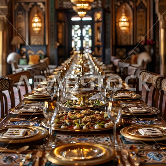 أجواء شهر رمضان المبارك، العزائم والولائم في الأعياد والمناسبات الإسلامية، المقبلات والأطباق والأصناف العربية الشرقية اللذيذة، مائدة طعام مليئة بالوجبات المتنوعة الرمضانية، سفرة من المأكولات الشعبية التقليدية الشهية