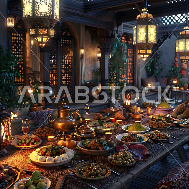 أجواء شهر رمضان المبارك، العزائم والولائم في الأعياد والمناسبات الإسلامية، المقبلات والأطباق والأصناف العربية الشرقية اللذيذة، مائدة طعام مليئة بالوجبات المتنوعة الرمضانية، سفرة من المأكولات الشعبية التقليدية الشهية