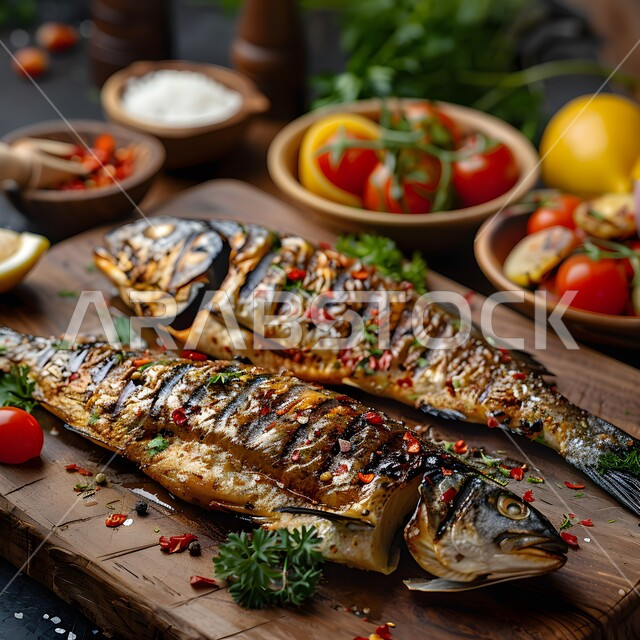 طرق تقديم شهية، صورة من الاعلى لطبق من السمك المشوي مع قطع الليمون والسلطات، مأكولات بحرية ووصفات بنكهات متميزة، وجبة طعام غذائية صحية، مطاعم شرقية في المملكة