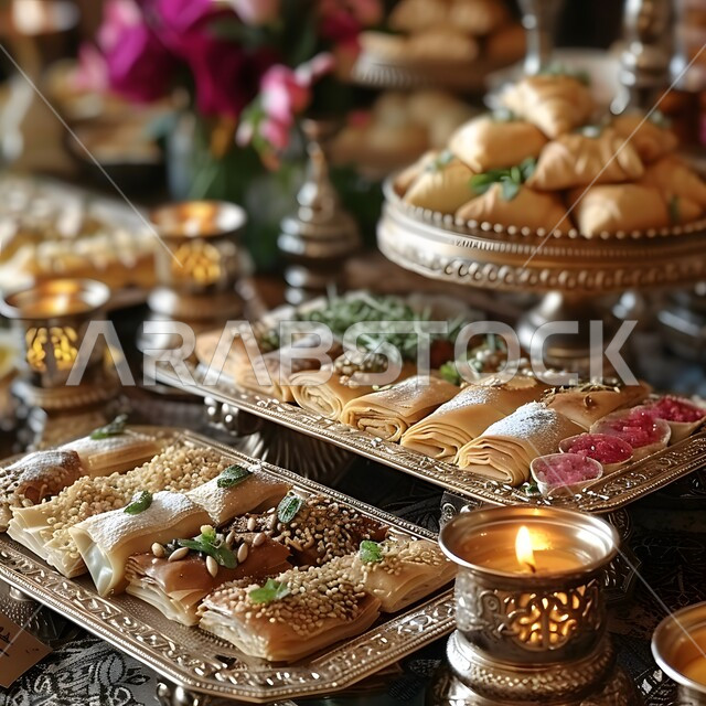 سفرة مليئة باطباق من الحلويات اللذيذة بالفستق والمكسرات، كرم الضيافة في السعودية، وصفات الأطعمة العربية الشرقية، أكلات غنية بالسكريات والسعرات الحرارية، ضيافة الأعياد والمناسبات في المملكة، منتجات محلية وطنية