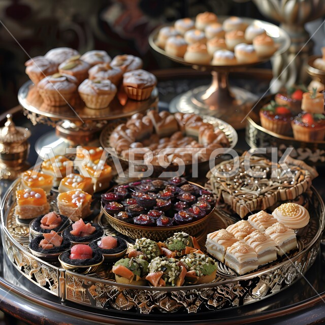 سفرة مليئة باطباق من الحلويات اللذيذة بالفستق والمكسرات، كرم الضيافة في السعودية، وصفات الأطعمة العربية الشرقية، أكلات غنية بالسكريات والسعرات الحرارية، ضيافة الأعياد والمناسبات في المملكة، منتجات محلية وطنية