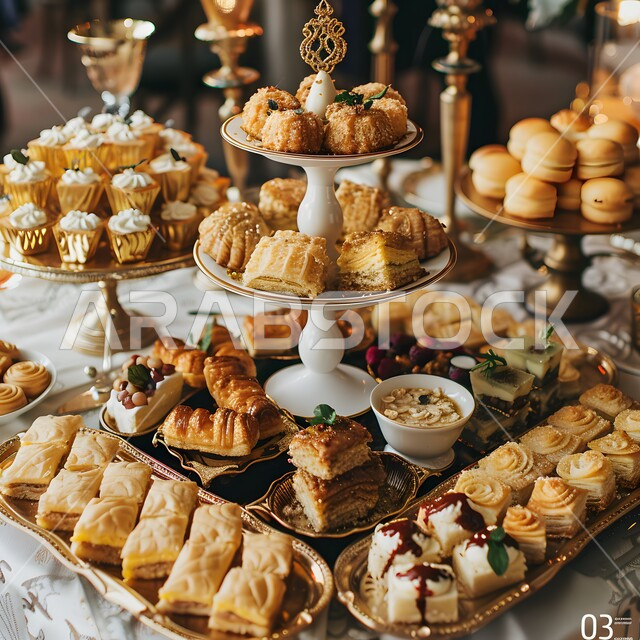 سفرة مليئة باطباق من الحلويات اللذيذة بالفستق والمكسرات، كرم الضيافة في السعودية، وصفات الأطعمة العربية الشرقية، أكلات غنية بالسكريات والسعرات الحرارية، ضيافة الأعياد والمناسبات في المملكة، منتجات محلية وطنية