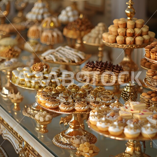 سفرة مليئة باطباق من الحلويات اللذيذة بالفستق والمكسرات، كرم الضيافة في السعودية، وصفات الأطعمة العربية الشرقية، أكلات غنية بالسكريات والسعرات الحرارية، ضيافة الأعياد والمناسبات في المملكة، منتجات محلية وطنية
