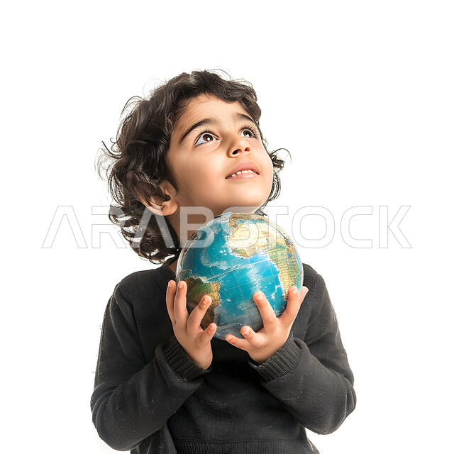 Contemplating the sky with gestures of pleasure and passion for geography since childhood, enjoying exploration and adventures, portrait of a cute Saudi Gulf Arab boy wearing a casual outfit holding a globe in his hand, white background