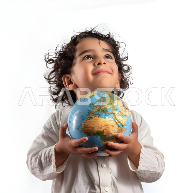 Love of geography, exploration and adventures, passion and contemplating the sky with happy gestures, portrait of a cute Saudi Arabian Gulf boy wearing a casual outfit holding a globe in his hand, white background