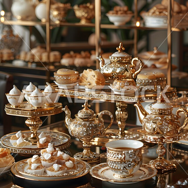 الاستمتاع بالمشروبات الساخنة، ابريق مزين بزخارف ارابيسك التقليدية الملونة، صورة مقربة لمجموعة من الفناجين المزخرفة، مفرش مائدة حريري فاخر، العادات القديمة في تقديم الشاي، حسن الضيافه وكرم الإستقبال في المملكة العربية السعودية