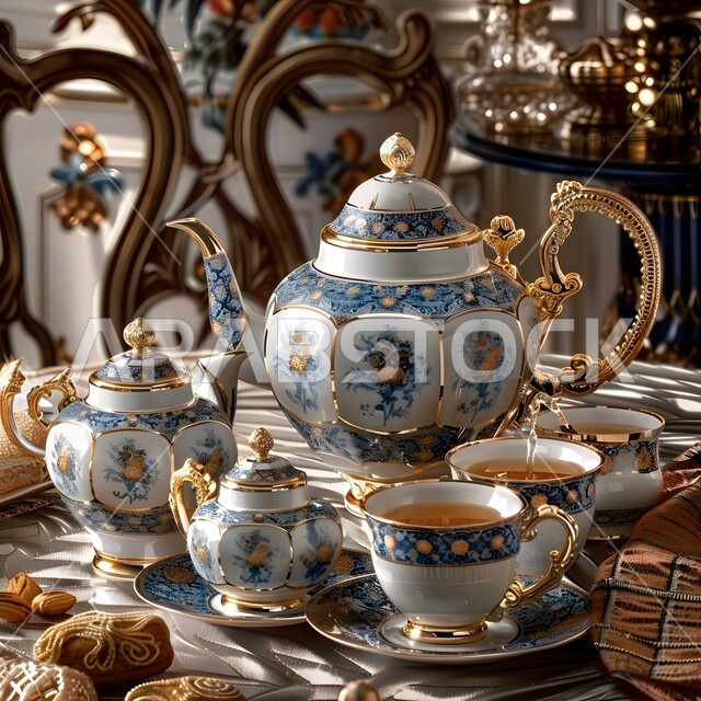 الاستمتاع بالمشروبات الساخنة، ابريق مزين بزخارف ارابيسك التقليدية الملونة، صورة مقربة لمجموعة من الفناجين المزخرفة، مفرش مائدة حريري فاخر، العادات القديمة في تقديم الشاي، حسن الضيافه وكرم الإستقبال في المملكة العربية السعودية