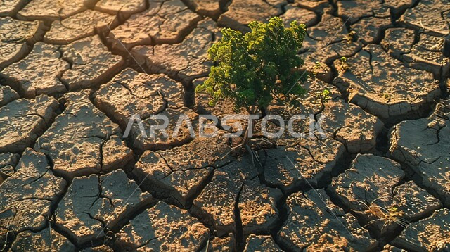  البيئة الصحراوية القاحلة، صورة مقربة لجذوع شجر يابسة في أرض طينية متشققة في موسم الجفاف، نتائج الكوارث الطبيعية والهزات الأرضية، المناطق الصحراوية الجافة, تغير المناخ والعوامل الطبيعية، مفهوم الإحتباس الحراري