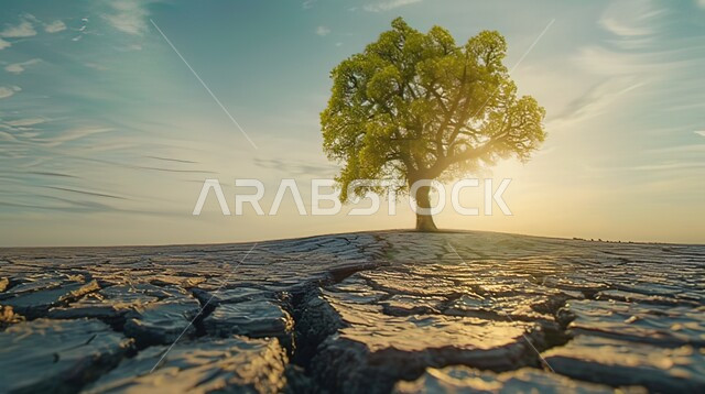  البيئة الصحراوية القاحلة، صورة مقربة لجذوع شجر يابسة في أرض طينية متشققة في موسم الجفاف، نتائج الكوارث الطبيعية والهزات الأرضية، المناطق الصحراوية الجافة, تغير المناخ والعوامل الطبيعية، مفهوم الإحتباس الحراري