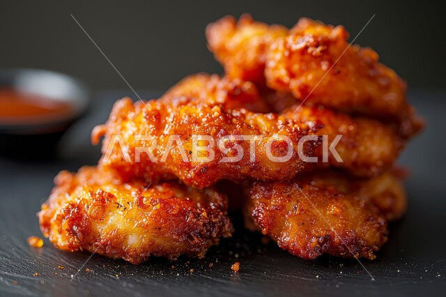 فنون التقديم في مطاعم المملكة العربية السعودية، وصفات وأكلات شرقية بنكهات متميزة، المأكولات العربية الشهية، صورة مقرّبة للدجاج المقلية, وجبات وأطباق الطعام