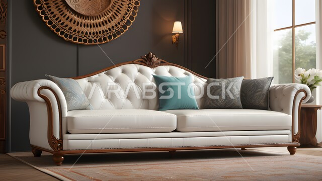 فن الهندسة المعمارية والديكور في الفلل والشقق السكنية، التصاميم الداخلية لغرف الجلوس على الطراز الحديث، غرفة معيشة مع أثاث منزلي فاخر باللون البيج، تحف واكسسوارات فاخرة، طاولة صغيرة بجانب اريكة مريحة