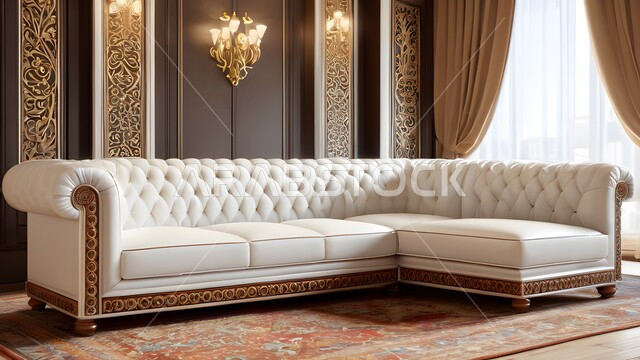 فن الهندسة المعمارية والديكور في الفلل والشقق السكنية، التصاميم الداخلية لغرف الجلوس على الطراز الحديث، غرفة معيشة مع أثاث منزلي فاخر باللون البيج، تحف واكسسوارات فاخرة، طاولة صغيرة بجانب اريكة مريحة