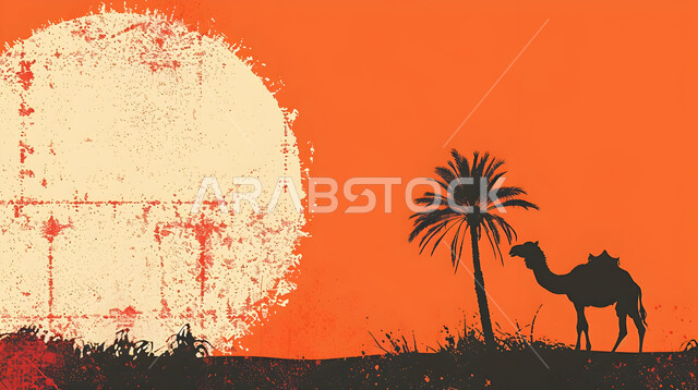  صورة ظلية لجمل يقف على الرمال الذهبية اللامعة, ناقة عربية أصيلة في الصحاري الخليجية,تربية الجمال في محمية طبيعية بالمناطق الصحراوية، الاهتمام بحيوان الابل في المملكة العربية السعودية، خلفية برتقالية