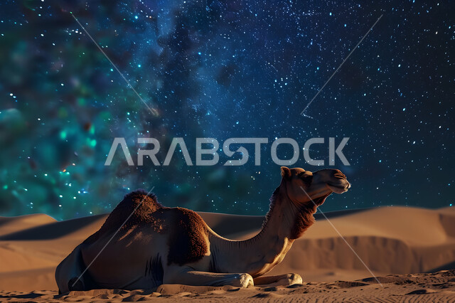 بروك الجمل على الرمال الذهبية في الصحراء السعودية, تربية الابل والاهتمام بع في المملكة, ناقة شقراء أصيلة تجلس في الصحاري الخليجية, خلفية السماء بنجوم مجرة درب التبانة اللامعة المضيئة ليلاً