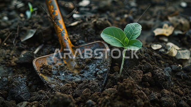 الاهتمام بالتشجير وزيادة المساحات الخضراء، غرس الشتلات الصغيرة, مزارع وحقول المملكة العربية السعودية, صورة مقربة لمجرفة بجانب نبات أخضر مزروع في التربة، استخدام الأدوات والمعدات التقليدية في الزراعة