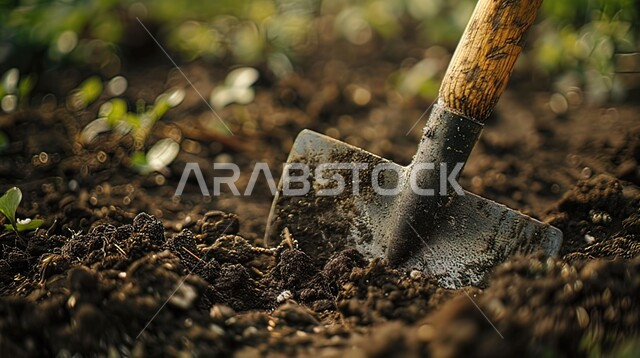 غرس الشتلات الصغيرة, الاهتمام بالتشجير وزيادة المساحات الخضراء، مزارع وحقول المملكة العربية السعودية, صورة مقربة لمجرفة بجانب مجموعة من النباتات المزروعة في التربة، استخدام الأدوات والمعدات التقليدية في الزراعة