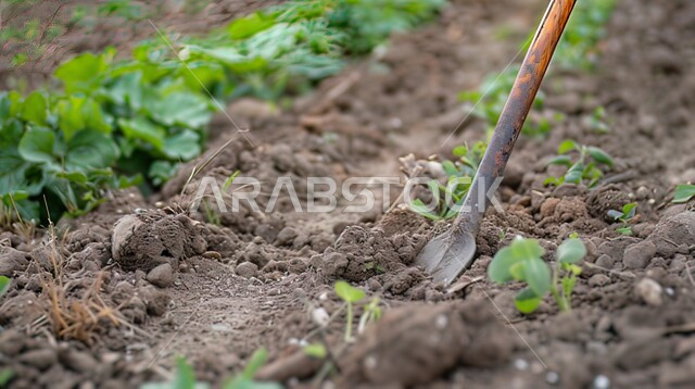 مزارع وحقول المملكة العربية السعودية, غرس الشتلات الصغيرة, الاهتمام بالتشجير وزيادة المساحات الخضراء، صورة مقربة لمجرفة بجانب مجموعة من النباتات المزروعة في التربة، استخدام الأدوات والمعدات التقليدية في الزراعة