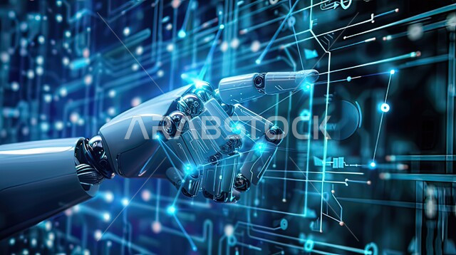 Development of artificial intelligence technologies, smart and modern robot, Saudi Vision 2030, close-up of a modern and advanced robot hand touching a blue electronic screen, digital transformation and technological progress