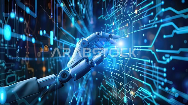 رؤية مستقبلية سعودية 2030, صورة مقربة ليد رجل آلي عصري متطور يقوم بلمس شاشة الكترونية باللون الأزرق, روبوت ذكي وحديث, تطور تقنيات الذكاء الاصطناعي, التحول الرقمي والتقدم التقني