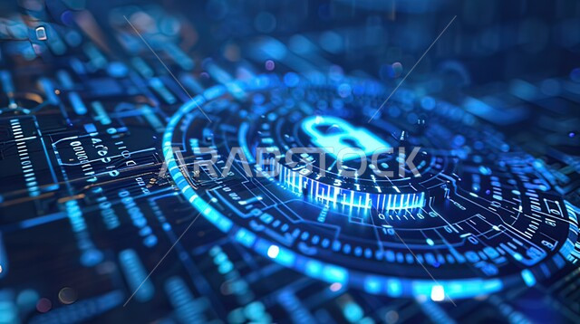 خلفية شاشات هولوجراميه ثلاثية الابعاد لقفل الأمان، الخوارزميات والرموز المضيئة للتقنيه والتكنولوجيا الحديثه، مفهوم الامن السيبراني والحفاظ على المعلومات، خطوط الاتصال و البرمجه الحاسوبيه