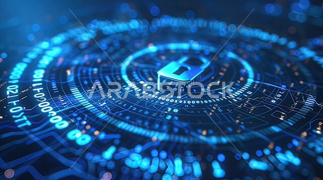 مفهوم الامن السيبراني والحفاظ على المعلومات، خلفية شاشات هولوجراميه ثلاثية الابعاد لقفل الأمان، الخوارزميات والرموز المضيئة للتقنيه والتكنولوجيا الحديثه، خطوط الاتصال و البرمجه الحاسوبيه