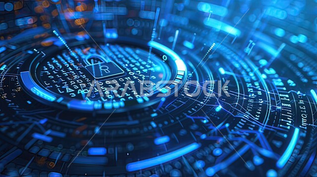 الخوارزميات والرموز المضيئة للتقنيه والتكنولوجيا الحديثه، مفهوم الامن السيبراني والحفاظ على المعلومات، خلفية شاشات هولوجراميه ثلاثية الابعاد لقفل الأمان، خطوط الاتصال و البرمجه الحاسوبيه