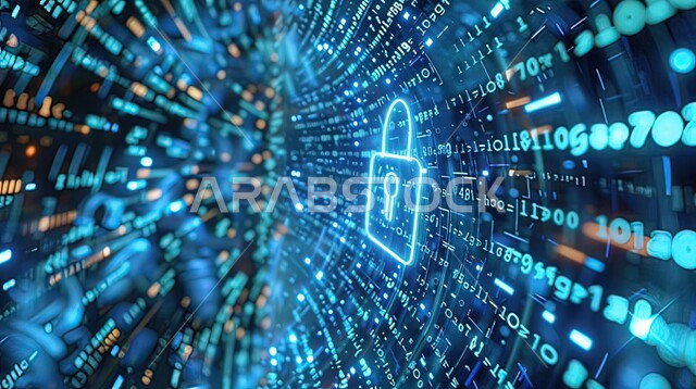 خلفية شاشات هولوجراميه ثلاثية الابعاد لقفل الأمان، الخوارزميات والرموز المضيئة للتقنيه والتكنولوجيا الحديثه، مفهوم الامن السيبراني والحفاظ على المعلومات، خطوط الاتصال و البرمجه الحاسوبيه