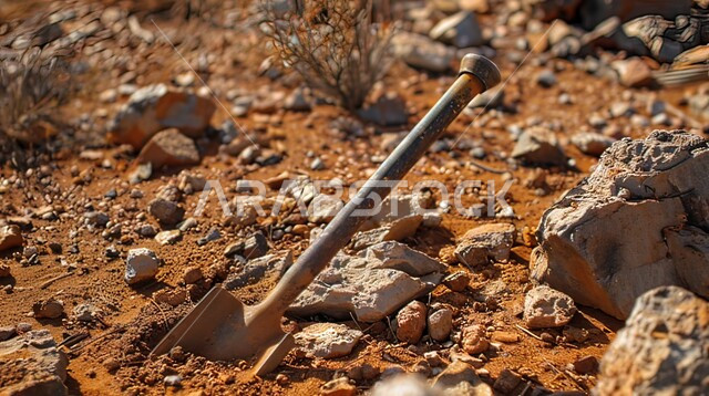 نمو النباتات البرية في صحراء المملكة العربية السعودية، مفهوم إزالة الصخور والحجارة من التربة، صورة مقربة لمجرفة في منطقة صحراوية قاحلة، استخدام الأدوات والمعدات التقليدية في الحفر