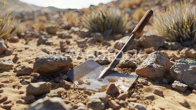 مفهوم إزالة الصخور والحجارة من التربة، نمو النباتات البرية في صحراء المملكة العربية السعودية، صورة مقربة لمجرفة في منطقة صحراوية قاحلة، استخدام الأدوات والمعدات التقليدية في الحفر