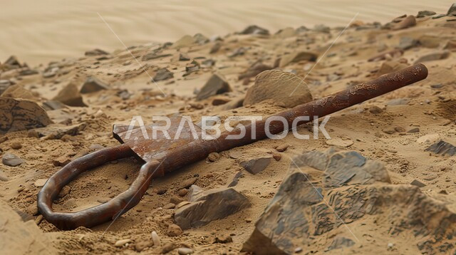 استخدام الأدوات والمعدات التقليدية في الحفر، مفهوم إزالة الصخور والحجارة من التربة، نمو النباتات البرية في صحراء المملكة العربية السعودية، صورة مقربة لأدات معدنية في منطقة صحراوية قاحلة