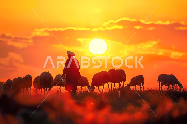 أضاحي وقربان عيد الأضحى المبارك، الاهتمام بتربية الثدييات والمواشي، صورة ظلية لراعي يرعى قطيعا من الأغنام، منظر غروب الشمس في المناطق الطبيعية بالمملكة العربية السعودية، سيلويت
