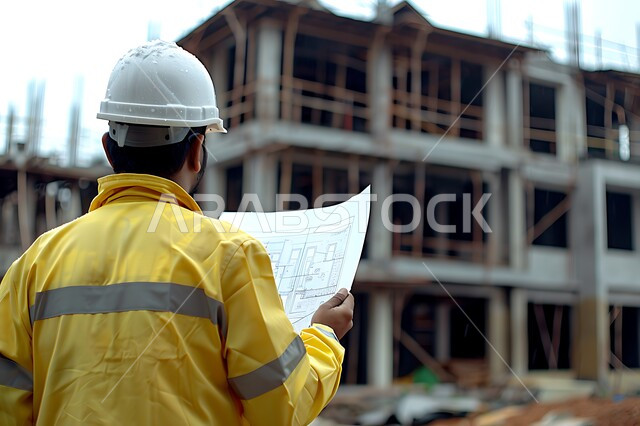 وظائف ومهن هندسية، متابعة تنفيذ المشاريع المعمارية، الإشراف على سير أعمال البناء، العمل في مجال الهندسة الإنشائية، صورة مقربة من الخلف لمهندس عربي خليجي سعودي يرتدي معطف وخوذة الحماية يحمل مخطط ورقي يقوم بمتابعة الخطط في موقع العمل