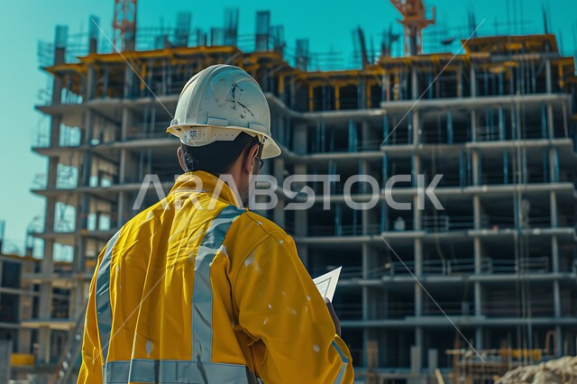 مهن ووظائف هندسية، متابعة تنفيذ المشاريع المعمارية، الإشراف على سير أعمال البناء، العمل في مجال الهندسة الإنشائية، صورة مقربة من الخلف لمهندس عربي خليجي سعودي يرتدي معطف وخوذة الحماية يحمل مخطط ورقي يقوم بمتابعة الخطط في موقع العمل