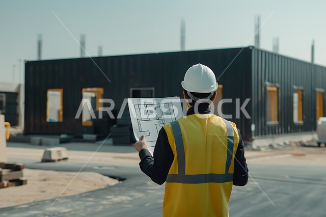 Follow up on the implementation of architectural projects, supervise the progress of construction works, work in the field of structural engineering, close-up from the back of a Saudi Arabian Gulf engineer wearing a protective coat and helmet holding a paper plan following up on plans at the work site, engineering professions and jobs