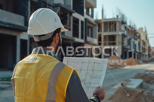Working in the field of structural engineering, supervising the progress of construction works, close-up from the back of a Saudi Arabian Gulf engineer wearing a protective coat and helmet holding a paper plan following up on plans at the work site, following up on the implementation of architectural projects, engineering professions and jobs