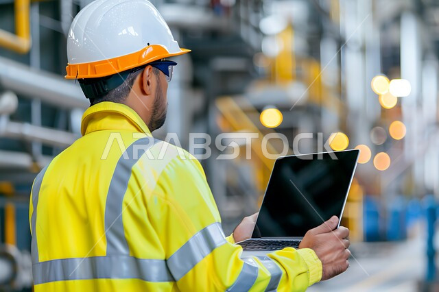 Supervising construction work, working in the field of structural engineering, using technical devices in engineering professions, following up on the implementation of architectural projects, close-up from the back of a Saudi Arabian Gulf engineer wearing a protective coat and helmet following up on plans at the work site via a laptop