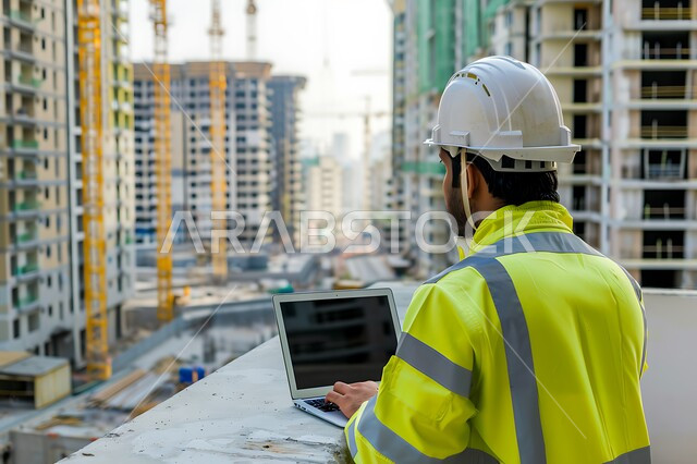 Working in the field of structural engineering, using technical devices in engineering professions, following up on the implementation of architectural projects, supervising the progress of construction work, close-up photo from the back of a Saudi Arabian Gulf engineer wearing a protective coat and helmet following up on plans at the work site via a laptop