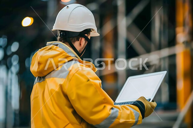Using technical devices in engineering professions, following up on the implementation of architectural projects, supervising the progress of construction work, working in the field of structural engineering, close-up image from the back of a Saudi Arabian Gulf engineer wearing a protective coat and helmet following up on plans at the work site via a laptop