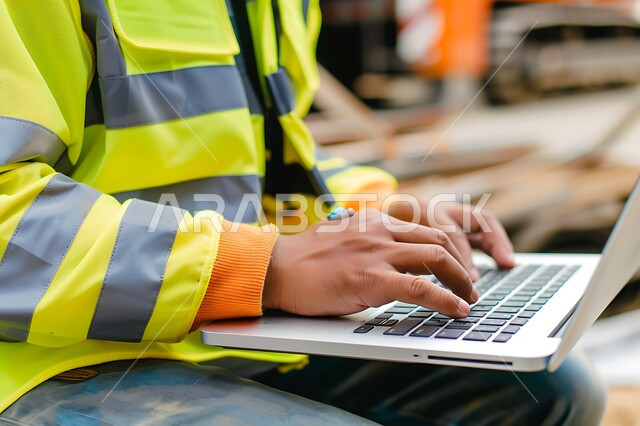 Using technical devices in engineering professions, supervising the progress of construction work, working in the field of structural engineering, following up on the implementation of architectural projects, close-up image of a Saudi Arabian Gulf engineer wearing a protective coat following up on plans at the work site via a laptop
