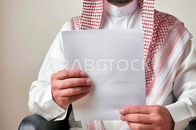قراءة البنود الخاصة بالعمل، التحقيق والتدقيق في شروط عقد العمل، بورتريه مقرب لرجل عربي خليجي سعودي يرتدي الثوب التقليدي والشماغ يجلس داخل مكتب يحمل بيده أوراق إحدى العقود، بناء شراكات واتفاقيات جديدة، خلفية رمادية