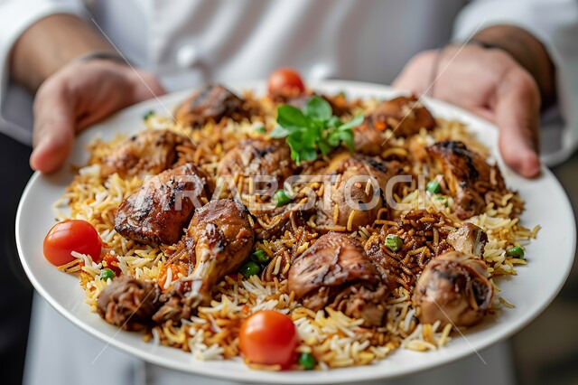 طبق من أرز الكبسة بالدجاج المحمر، أطباق شرقية عربية, بورتريه مقرب ليدين شيف عربي خليجي سعودي يحمل صحن من رز المندي, مطاعم الوصفات الخليجية المشهورة, فن تقديم الطعام الشعبي في المملكة العربية السعودية, مأكولات وأطعمة شهية، خلفية رمادية