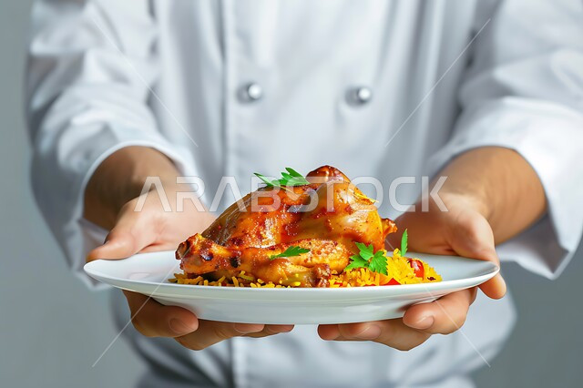 أطباق شرقية عربية, طبق من أرز الكبسة بالدجاج المحمر، بورتريه مقرب ليدين شيف عربي خليجي سعودي يحمل صحن من رز المندي, مطاعم الوصفات الخليجية المشهورة, فن تقديم الطعام الشعبي في المملكة العربية السعودية, مأكولات وأطعمة شهية، خلفية رمادية