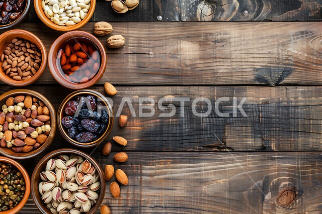 أطباق مليئة بالتمر والفواكه المجففة واللوز الطازجة على خلفية خشبية، محاصيل زراعية ومنتجات محلية سعودية وطنية، تمور ومكسرات صحية لذيذة، ضيافة رمضانية و مشروبات ساخنة شهية، غذاء صحي ومفيد، وجبة غذائية عالية الأهمية