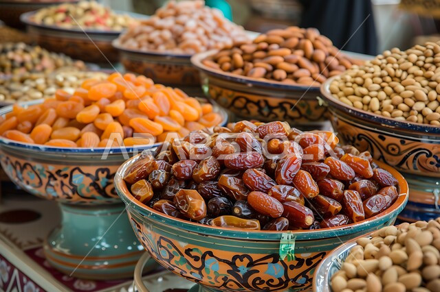 Delicious Ramadan hospitality, delicious healthy nuts and dates, dishes filled with dates, dried fruits and fresh almonds, Saudi agricultural crops and local products, healthy and beneficial food, a highly important nutritional meal